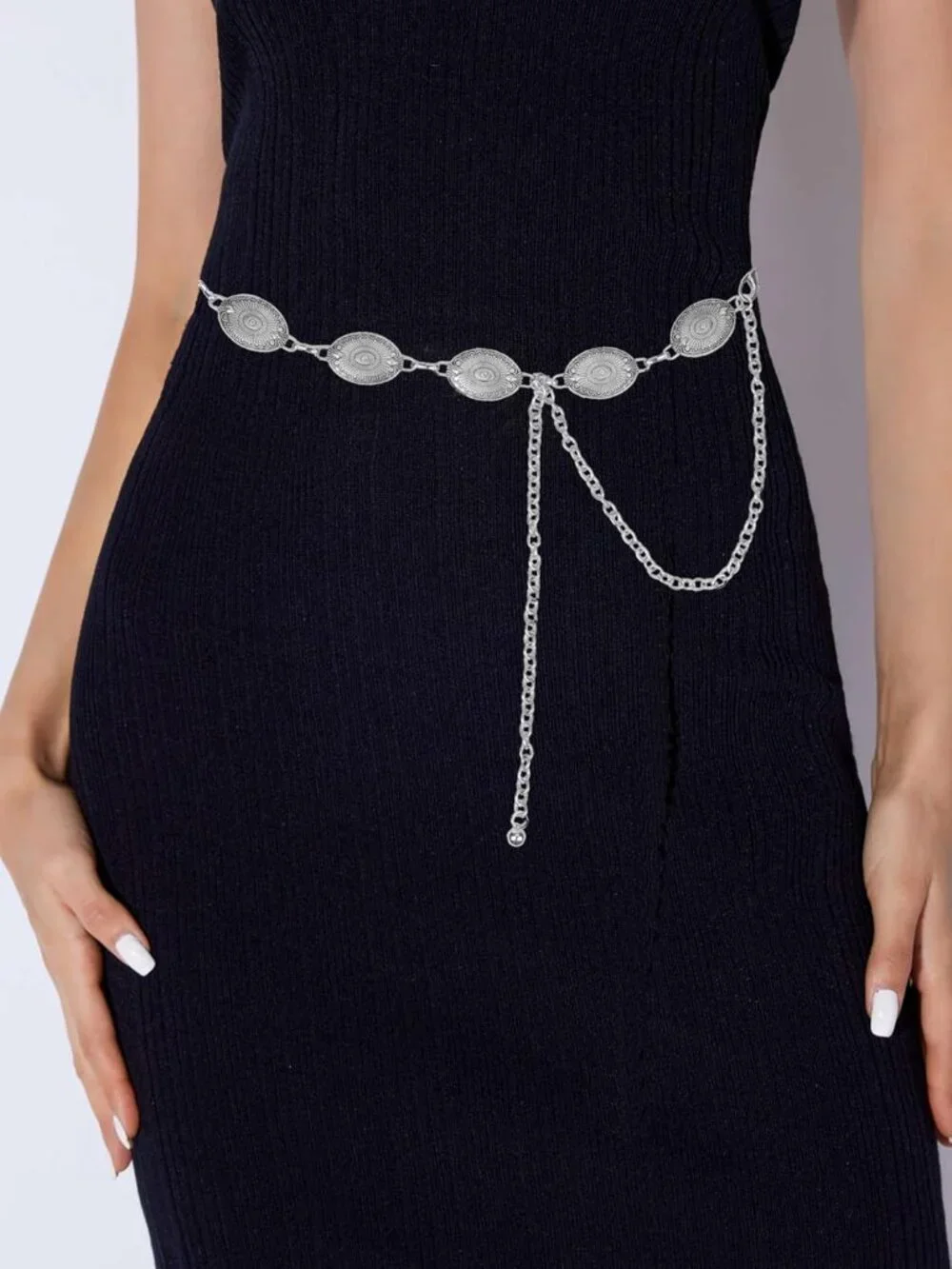 Women's Solid Silver Metal Belt Concho Belt Cowgirl Boho Vintage Chain Belt